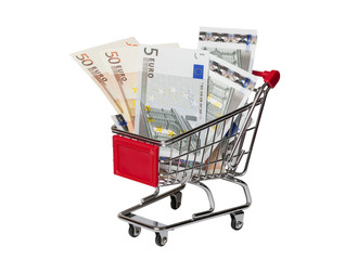 Shopping cart with euro isolated on white