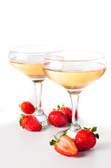 hampagne with strawberries on a white background