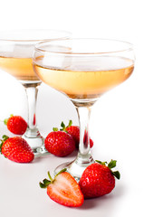 hampagne with strawberries on a white background