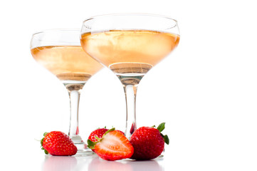 hampagne with strawberries on a white background
