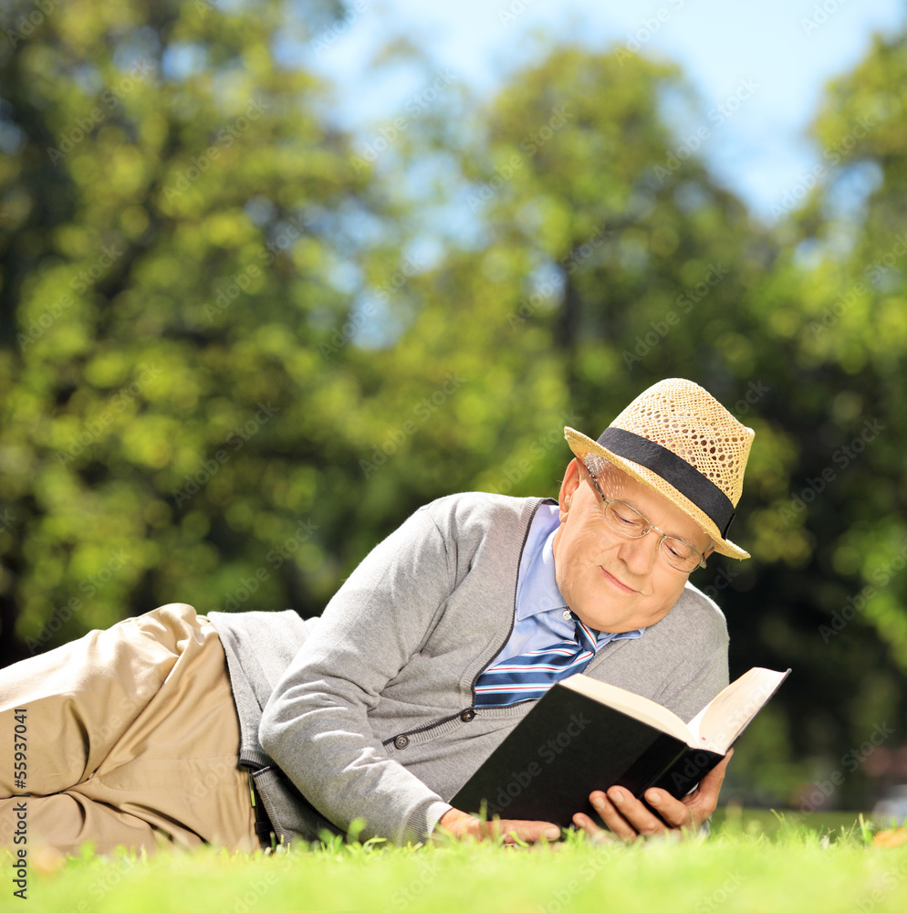 Poster Senior man with hat lying on a grass reading a book in a park