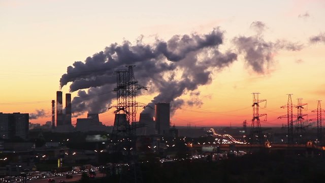 Moscow outskirts industrial landscape at sunrise