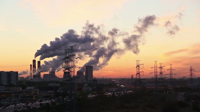 Moscow outskirts industrial landscape at sunrise (wider shot)