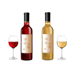 Red and white wine bottles and grapes isolated on white