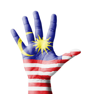 Open hand raised, multi purpose concept, Malaysia flag painted