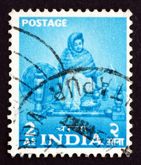Postage stamp India 1955 Charkha Operator, Spinning Machine