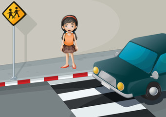 A girl near the pedestrian lane with a car