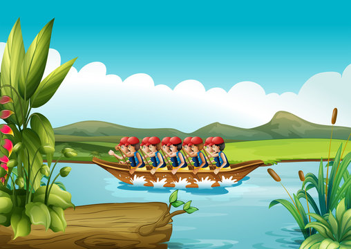 A wooden boat full of men