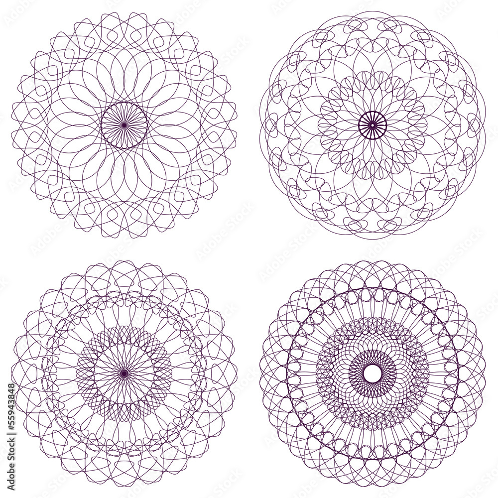 Poster set of red vector guilloche rosettes