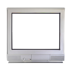 Analog cathode ray tube television on white background.