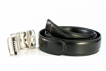 Black leather belt and buckle on white background