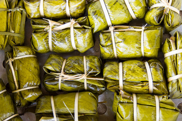 Glutinous rice steamed in banana leaf(Khao Tom Mat or Khao Tom P