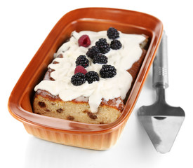 Cheese casserole with raisins in pan isolated on white