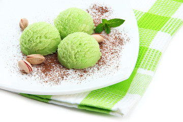 Delicious ice cream on plate close-up