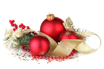 Christmas ball and green tree on white background