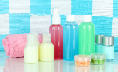 Hotel cosmetics kit on shelf in bathroom