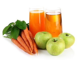 Glasses of juice, apples and carrots, isolated on white