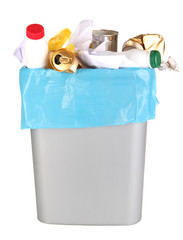 Bin full of rubbish isolated on white