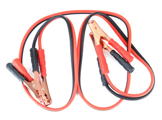 Car battery jumper cables isolated on white