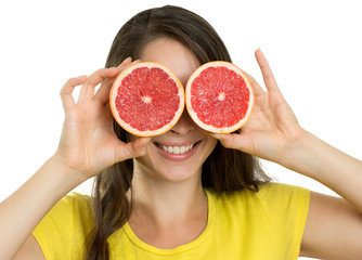 Beautiful happy woman with fruit