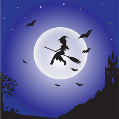 Obraz na płótnie Canvas Witch flying on the moon background