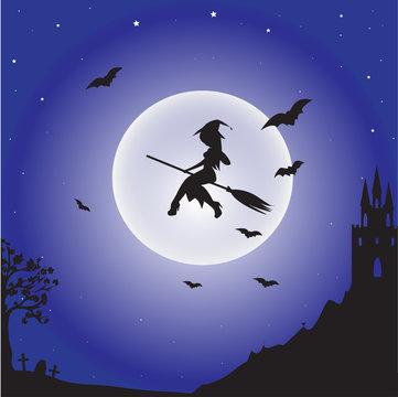 Witch flying on the moon background