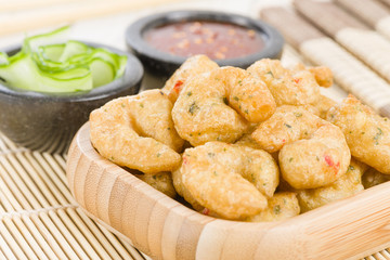 Chinese style crispy prawns with sweet chili sauce and cucumber.