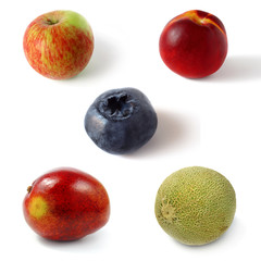 set of five fresh fruits on white