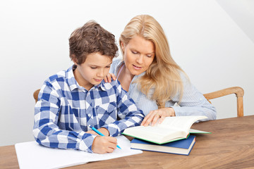 Mother and son studying