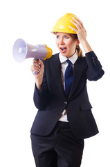 Fototapeta premium Female construction worker with loudspeaker