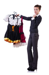 Woman trying new clothing on white