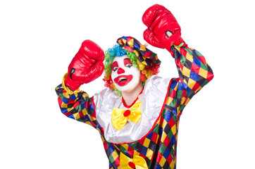Clown with boxing gloves isolated on white
