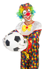 Clown with football ball on white