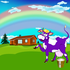 Cheerful purple cow and a bucket of fresh milk on alpine meadow