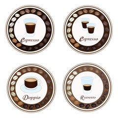 Four Type of Hot Coffee in Retro Round Label