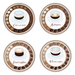 Four Type of Coffee Drink in Retro Round Label