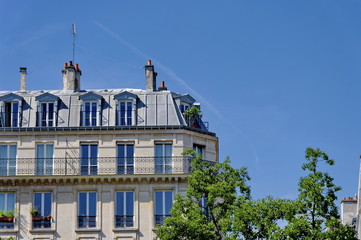 Immeuble parisien, toit gris, ciel bleu