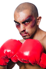 Badly beaten boxer isolated on white