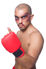 Badly beaten boxer isolated on white