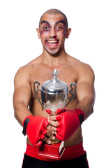 Badly beaten boxer isolated on white