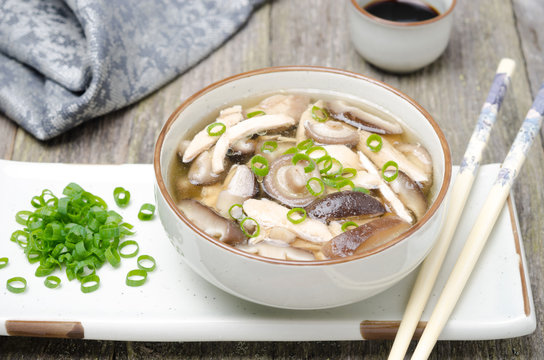 Chinese food - soup with chicken and shiitake, horizontal