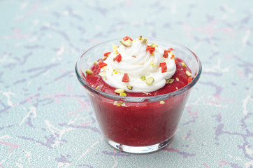 dessert with strawberry jam and whipped cream horizontal