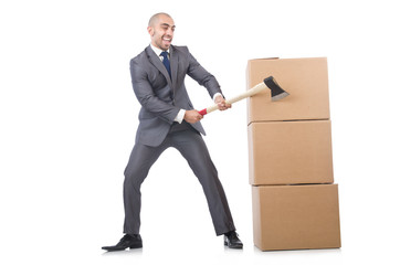 Man with axe and boxes on white