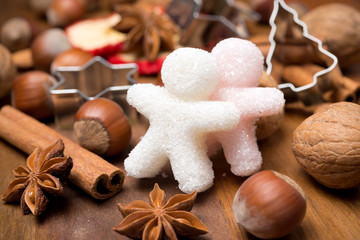 Fototapeta na wymiar ingredients for Christmas baking and sugar little men