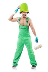 Painter in green coveralls on white