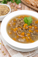 plate of vegetable soup with lentils, top view