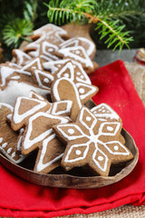 Christmas cookies on wooden tray. Selective focus