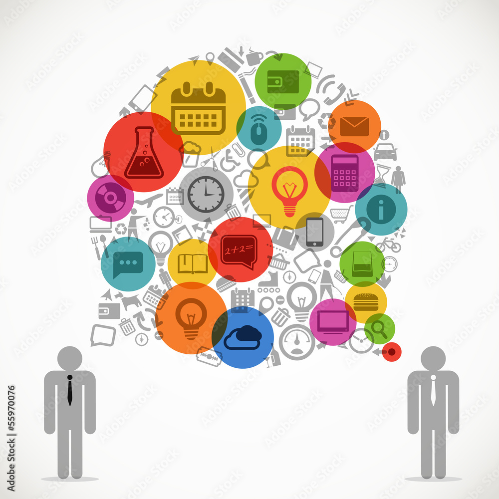 Poster two talking businessmen with abstract speech cloud of different