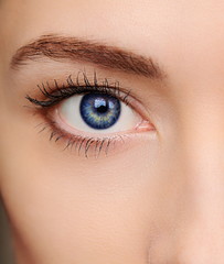 Macro bright blue eye of beautiful woman. Closeup portrait
