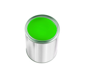 open tin can with green paint isolated on white